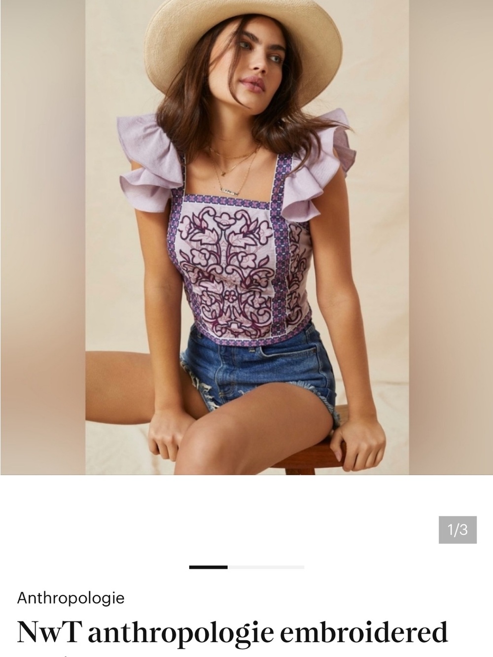 Anthropologie Lilac Embroidered Ruffle-Strap Camisole